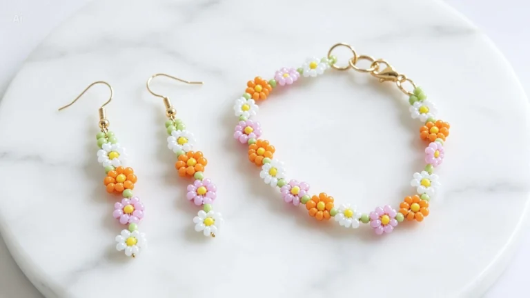Dainty Pastel Flower Beaded Earrings & Bracelet Set | Handmade